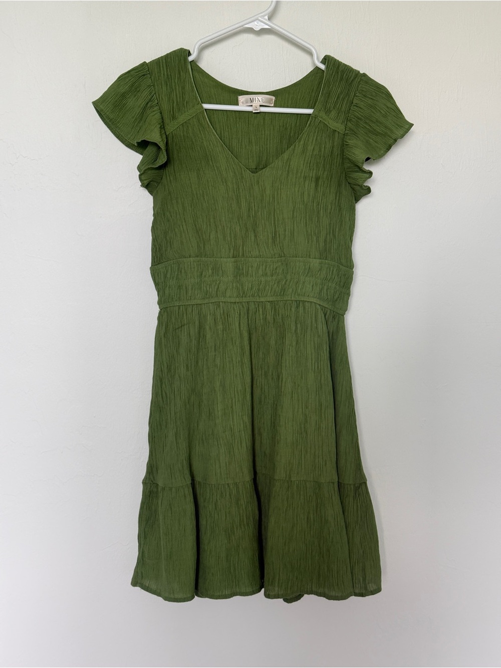 Mine Olive Green Flutter Sleeve Textured Mini Dress | Size Large